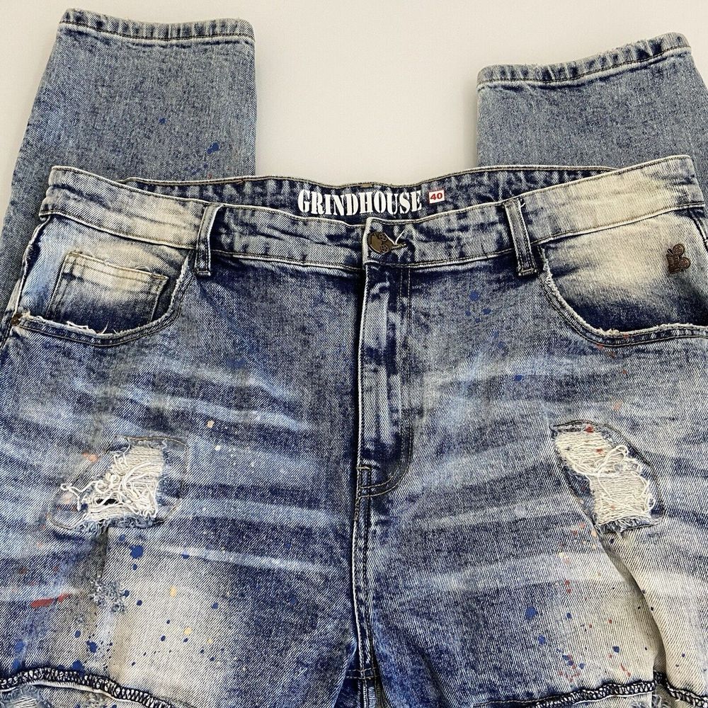 Grindhouse Men's Blue Jeans Distressed Paint Splatter Size 40x33 Y2k Whiskered‎